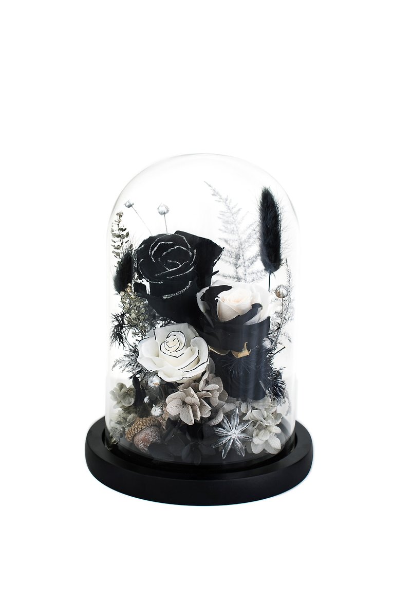 白黒のプリザーブドフラワーガラスカバー - ドライフラワー・ブーケ - 寄せ植え・花 ブラック