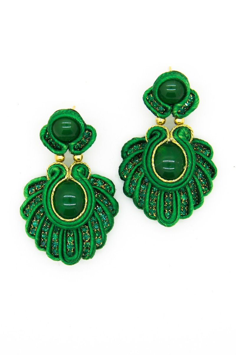 Green dangle earrings with crystals and cabochons - 耳環/耳夾 - 其他材質 綠色