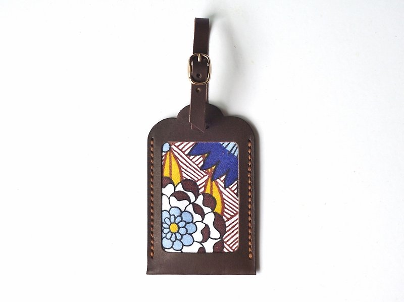 Personalised Blue Leather Luggage Tag with assorted canvas print design - 行李牌 - 真皮 咖啡色