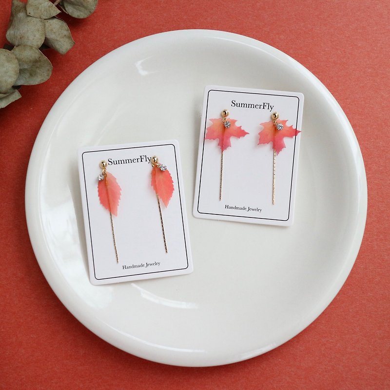2 long earrings—18kgf fabric maple leaf plant crystal orange Valentine gift - ต่างหู - พืช/ดอกไม้ สีแดง
