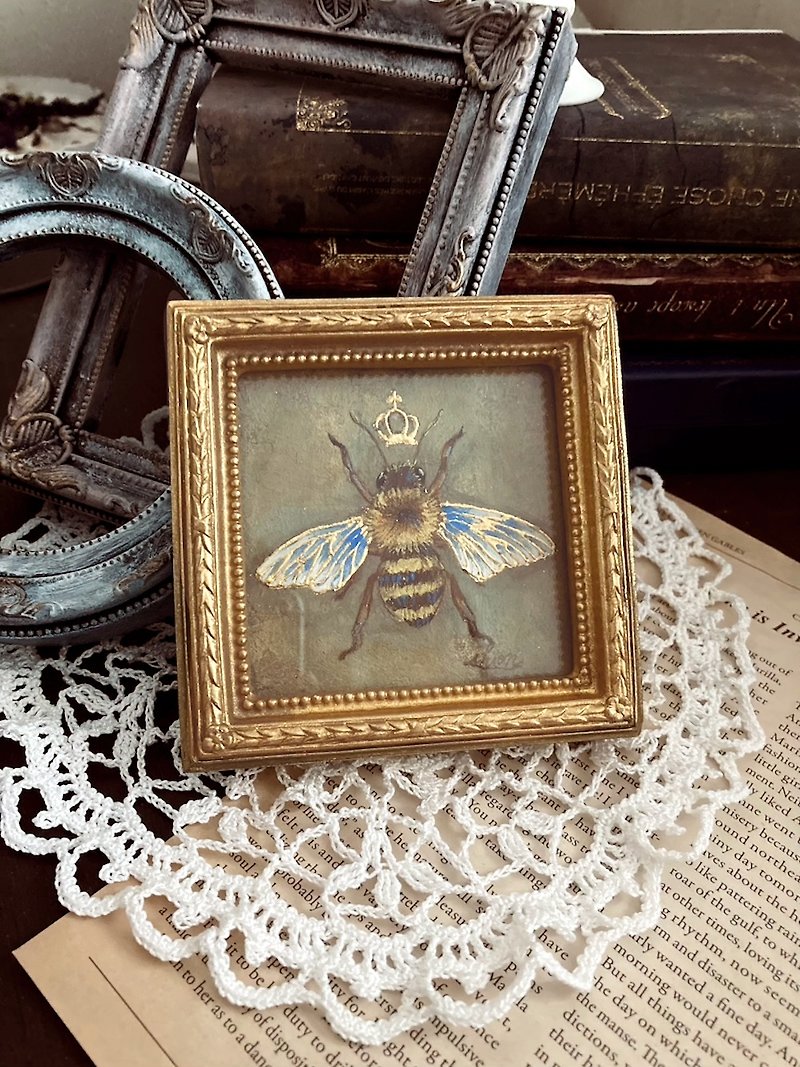 Honey bee framed painting-Queen bee 2-　　,Antique, Tiny Painting - โปสเตอร์ - กระดาษ สีเหลือง
