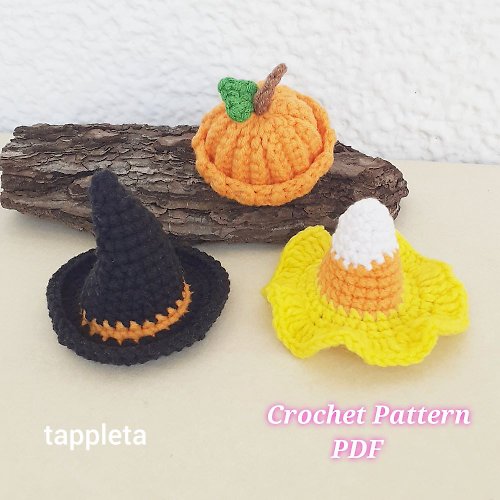 tappleta Halloween hats mini crochet pattern, mini witch hat, mini candy corn hat pumpkin