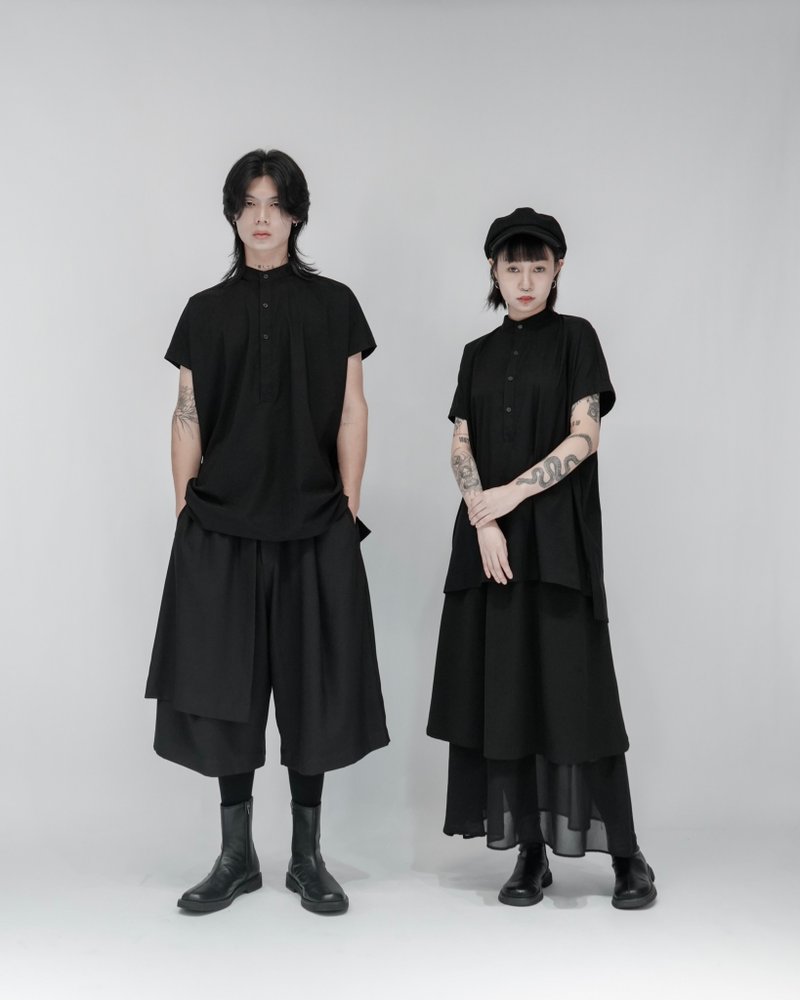 MUKK DESIGN 立領開釦半袖襯衫 - 男襯衫/休閒襯衫 - 聚酯纖維 黑色