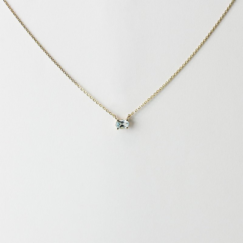 || March Birthstone || Single Aquamarine Sapphire 925 Sterling Silver Very Fine Yellow K-Color Clavicle Necklace - สร้อยคอทรง Collar - เครื่องเพชรพลอย สีน้ำเงิน