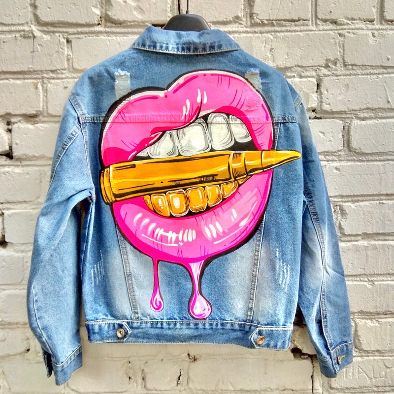 Painted denim jacket, handmade jacket, custom jacket, bullet lips Gift - 女大衣/外套 - 棉．麻 多色
