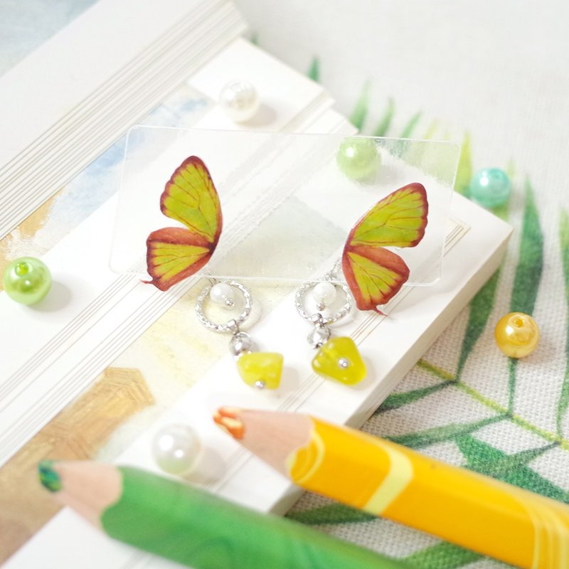 臺灣特有種 西風翠灰蝶 檸檬玉 繪畫貼耳耳環 耳針/耳夾 - 耳環/耳夾/耳骨夾 - 防水材質 綠色