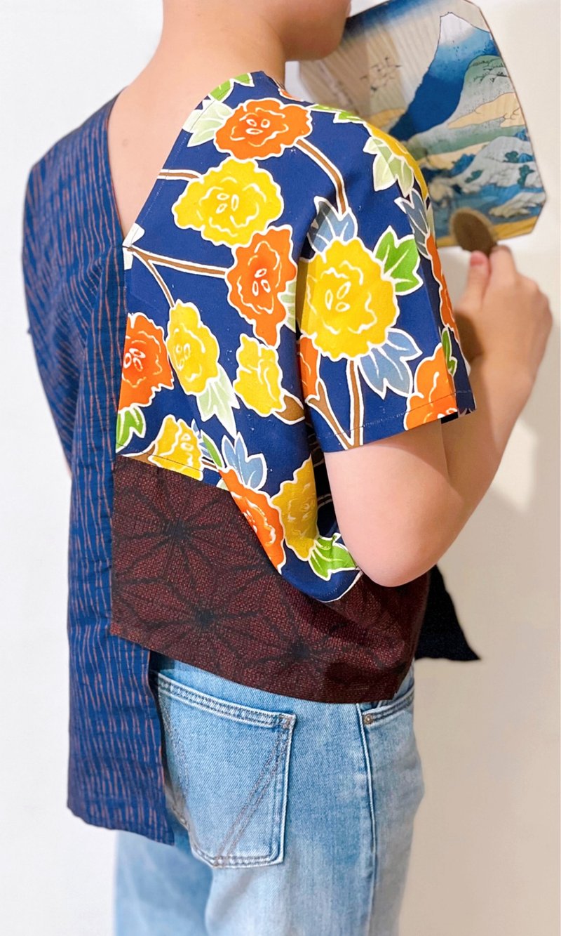 Unique Japanese silk yellow and orange flower contrasting blue and red wave geometric patchwork square top - เสื้อเชิ้ตผู้หญิง - ผ้าไหม หลากหลายสี