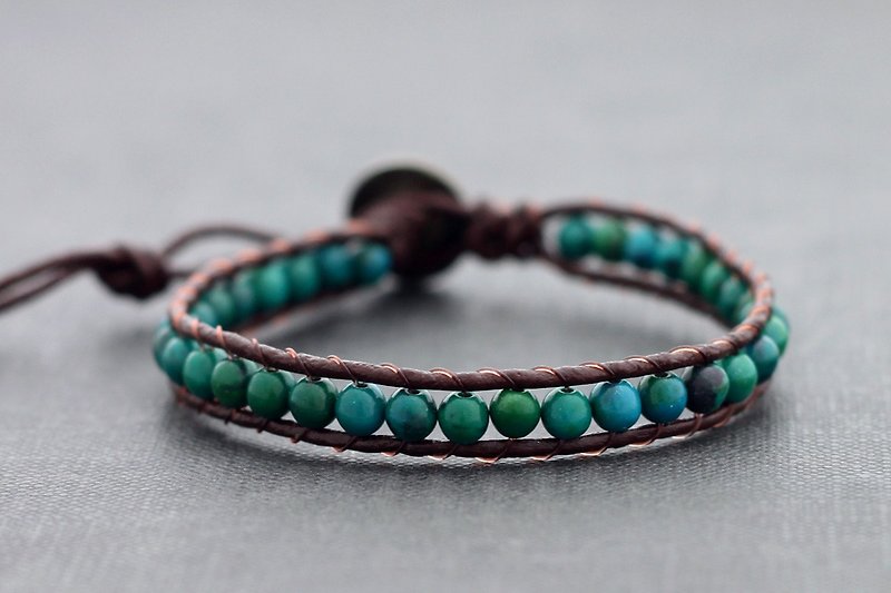 Chrysocolla Brown Leather Beaded Bracelets Men unisex - Bracelets - Semi-Precious Stones Green