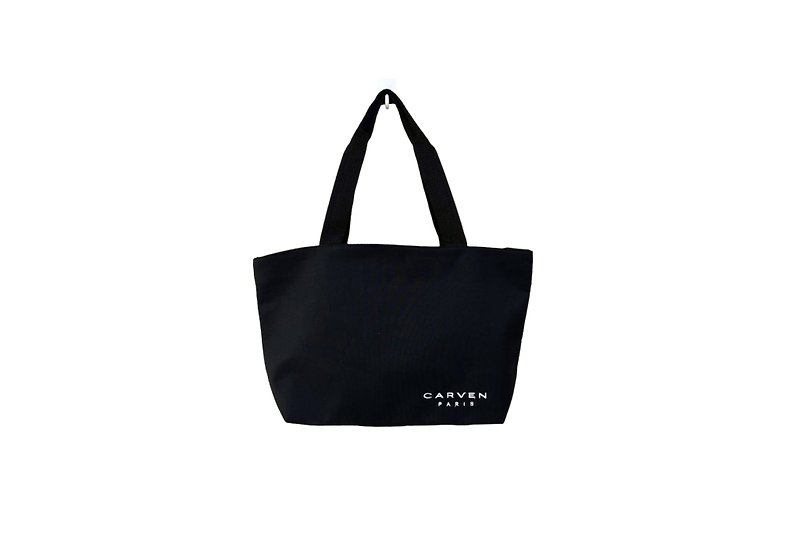 CARVEN PARIS Medium Size Nylon top handle bag, embroidery white logo at front - Handbags & Totes - Polyester Black