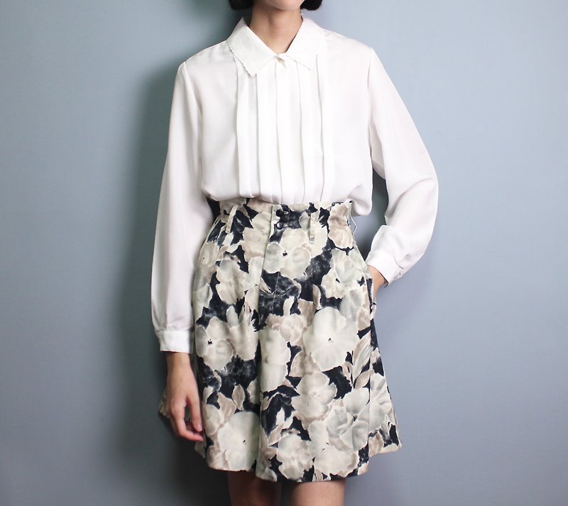 FOAK vintage retro high waist ink floral skirt - กางเกงขายาว - วัสดุอื่นๆ 
