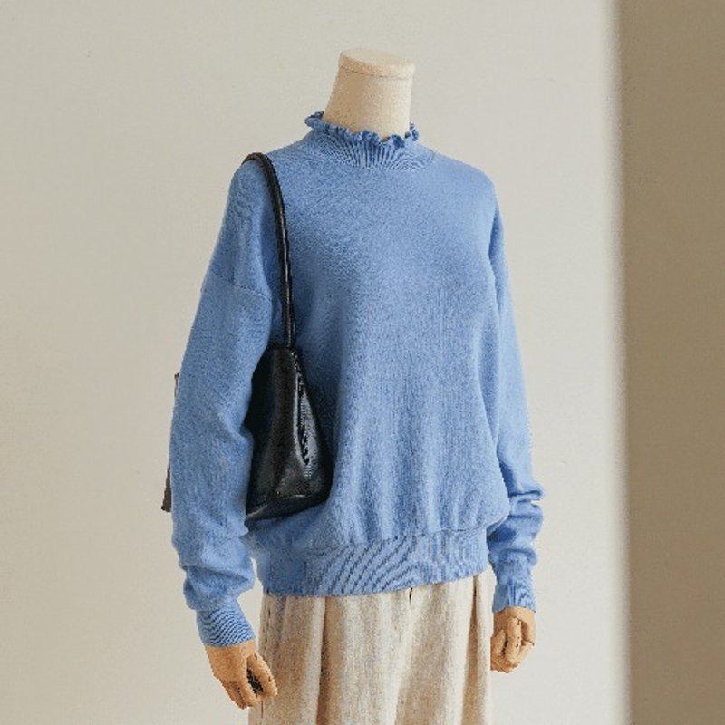 A super popular cotton knit series that can be worn all year round. Ruffled neck knit. 100% cotton. Pullover. Blue. 240303-3 - เสื้อผู้หญิง - ผ้าฝ้าย/ผ้าลินิน 