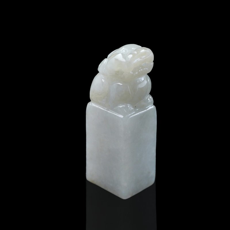 [Auspicious Beast for Wealth] Pale Yellow Jade Pixiu Seal | Natural Burmese Jadeite Grade A | Gift Idea - Stamps & Stamp Pads - Jade Green