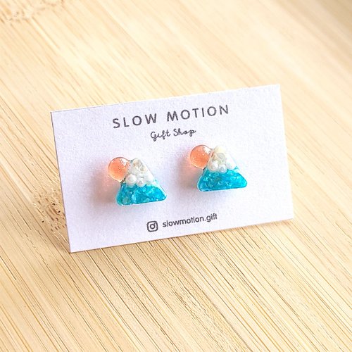 Slow Motion Gift Shop 富士山太陽耳環/耳夾 水藍 抗過敏醫療鋼