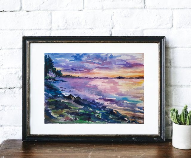 湖の絵 オリジナル水彩画 ビーチの絵 夕焼け空アート - ショップ