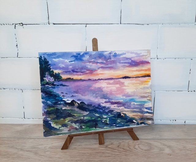 油絵 絵画 【夕暮れのビーチ】 油絵 絵画 【夕暮れのビーチ】 油絵 絵画 夕日の海 【A4】 絵画