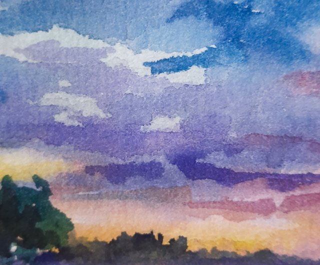 湖の絵 オリジナル水彩画 ビーチの絵 夕焼け空アート - ショップ