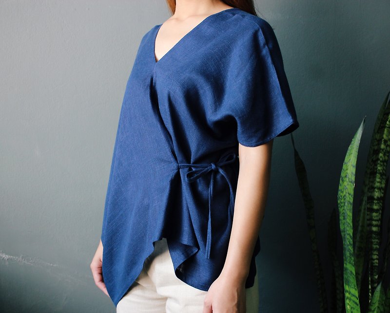 Caren : Navy Blue Asymmetric V-neck Cotton Wrapped Top - Women's Tops - Cotton & Hemp Blue