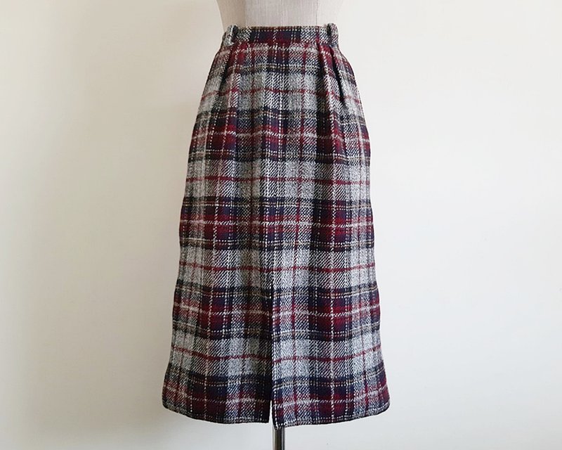 28 Waist Vintage Gray Black Plaid Skirt Womens Tartan Midi Skirt Wool Skirt M - 裙子/長裙 - 其他材質 