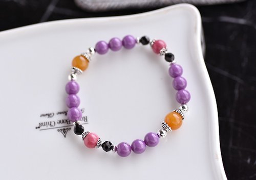 CaWaiiDaisy Handmade Jewelry 紫雲母+玫瑰石+黑尖晶+黃玉純銀手鍊