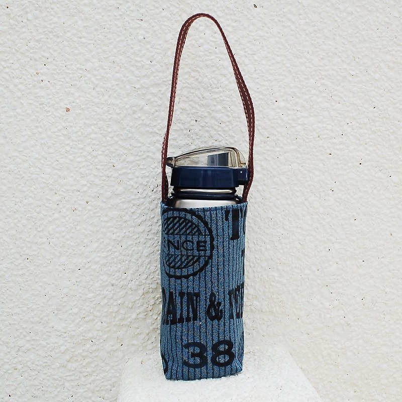 アメリカの印刷用ウォーターボトルバッグ - ドリンクホルダー - コットン・麻 ブルー