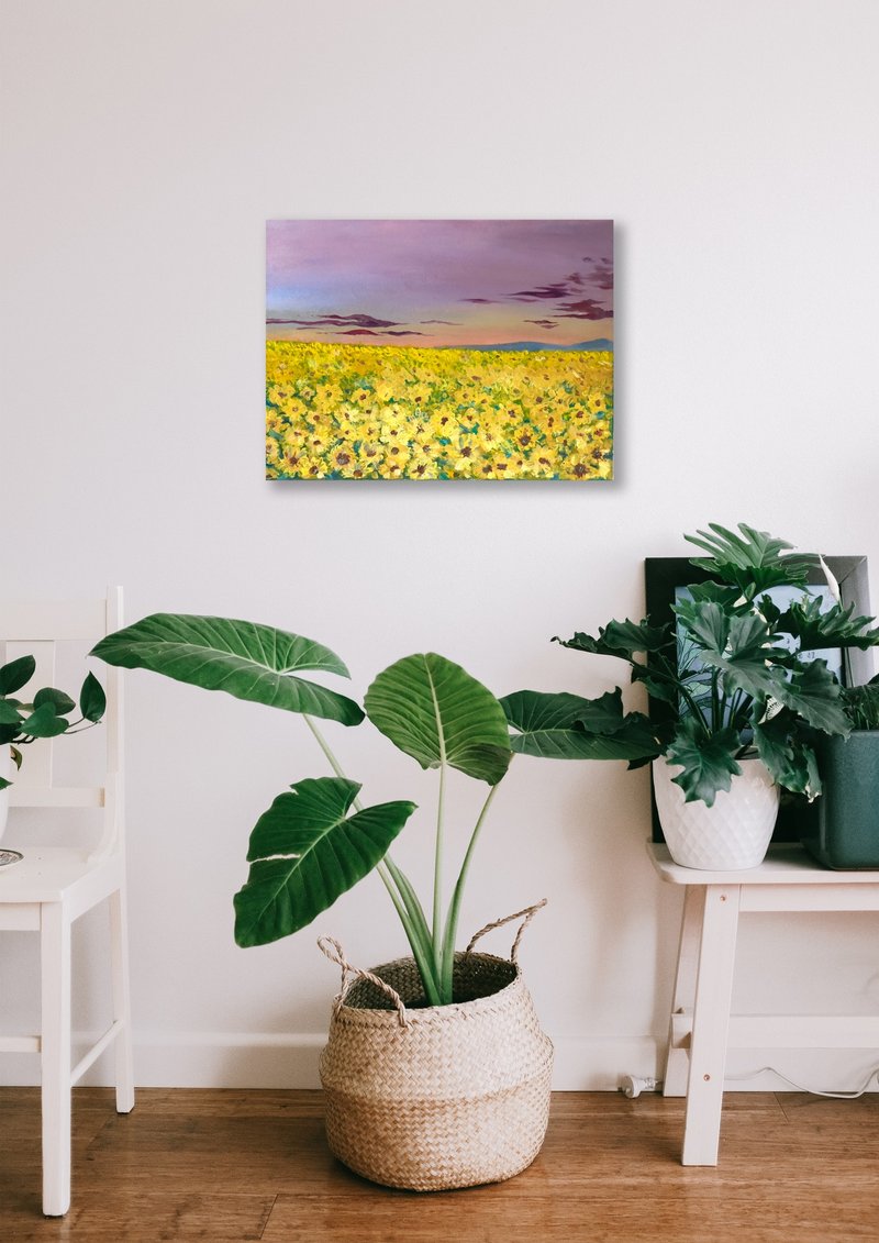 Sunflower field in Lavender sky.Acrylic painting on canvas.Size30x40cm - 壁貼/牆壁裝飾 - 棉．麻 黃色