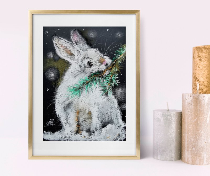 Rabbit pastel painting, Winter artwork, Animals portrait painting, Christmas art - Wall Décor - Paper Gray