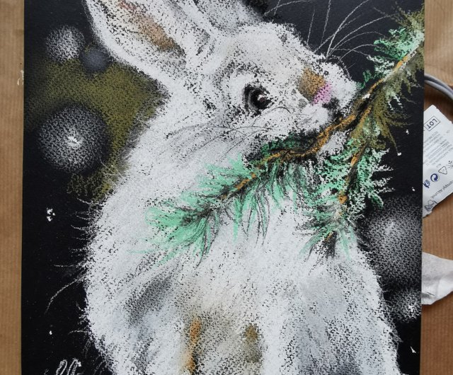 ウサギのパステル画、冬のアート作品、動物の肖像画、クリスマス