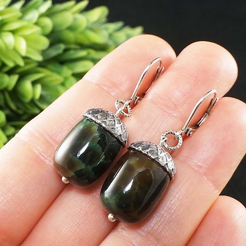 AGATIX Green Brown Agate Silver Acorn Forest Nature Woodland Statement Jewelry Earrings
