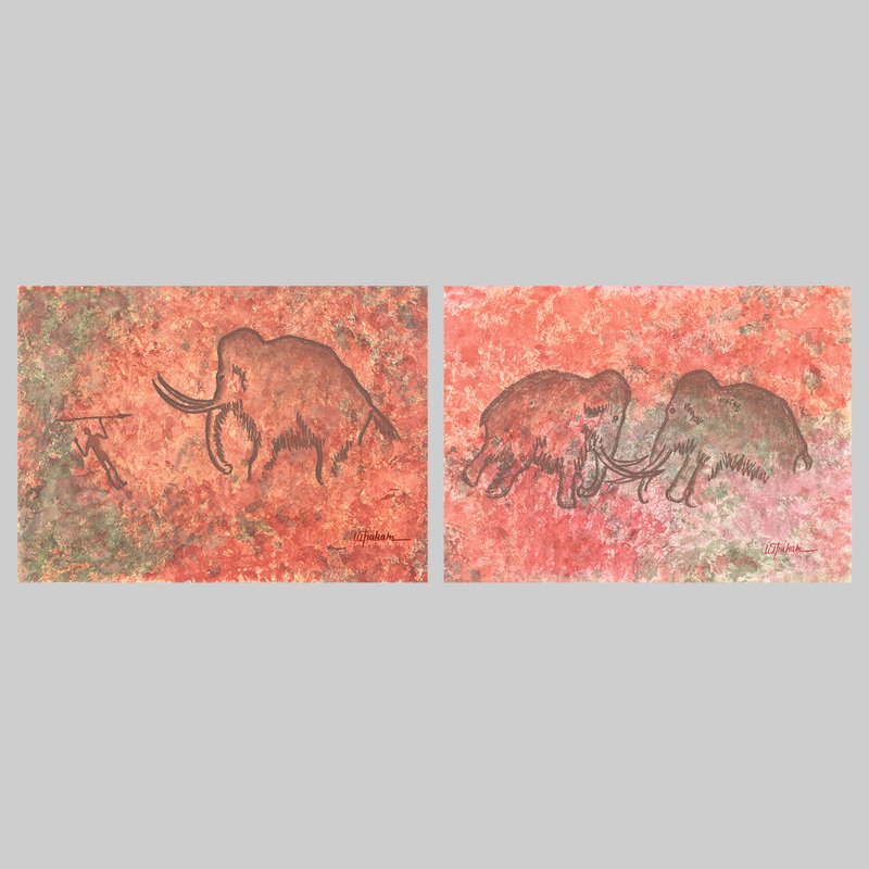Mammoth hunting painting interior Prehistoric art Watercolor end pastel drawing - 海報/掛畫/掛布 - 紙 紅色