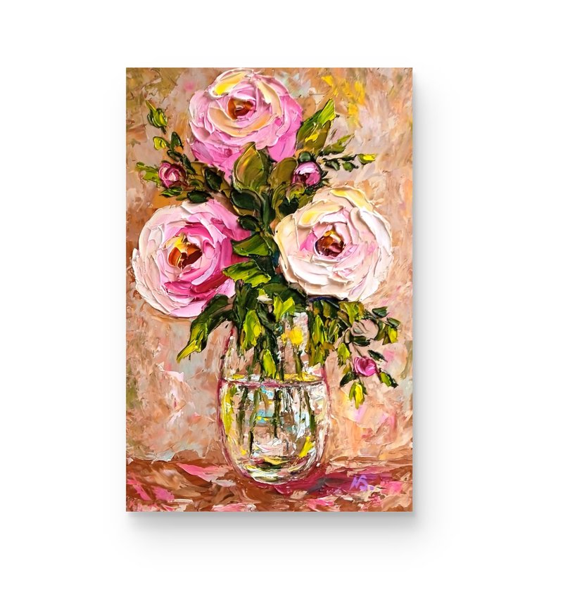 Roses Oil Painting Original Pink Roses Bouquet Modern Contemporary Art - Wall Décor - Other Metals Multicolor