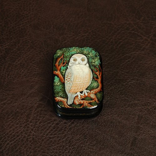 WhiteNight Owl lacquer box small hand-painted jewelry interior Christmas Gift Wrapping