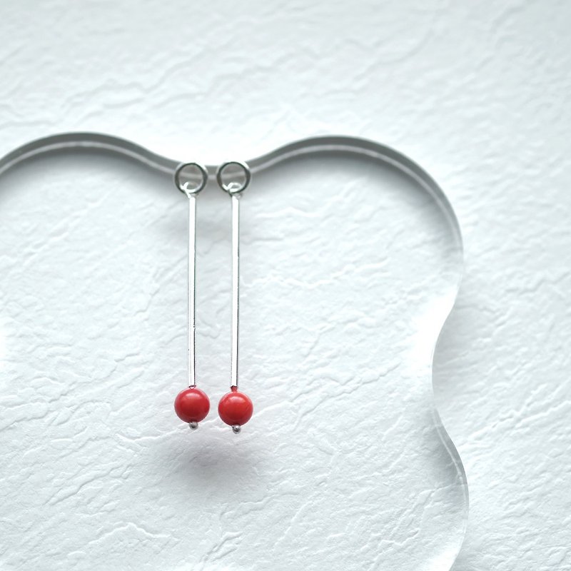 Red coral round line long earrings Silver 925 - ต่างหู - โลหะ สีแดง