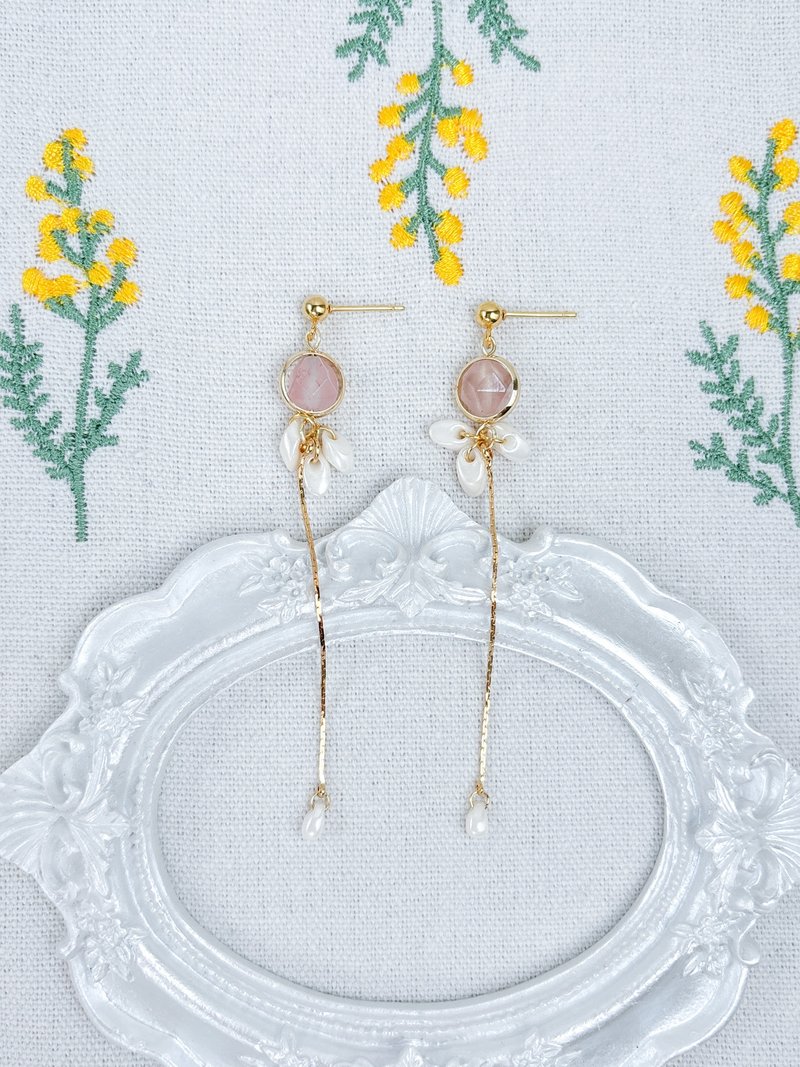 Japanese style beads-natural stone elf long chain earrings-pink Stone - ต่างหู - หิน สึชมพู