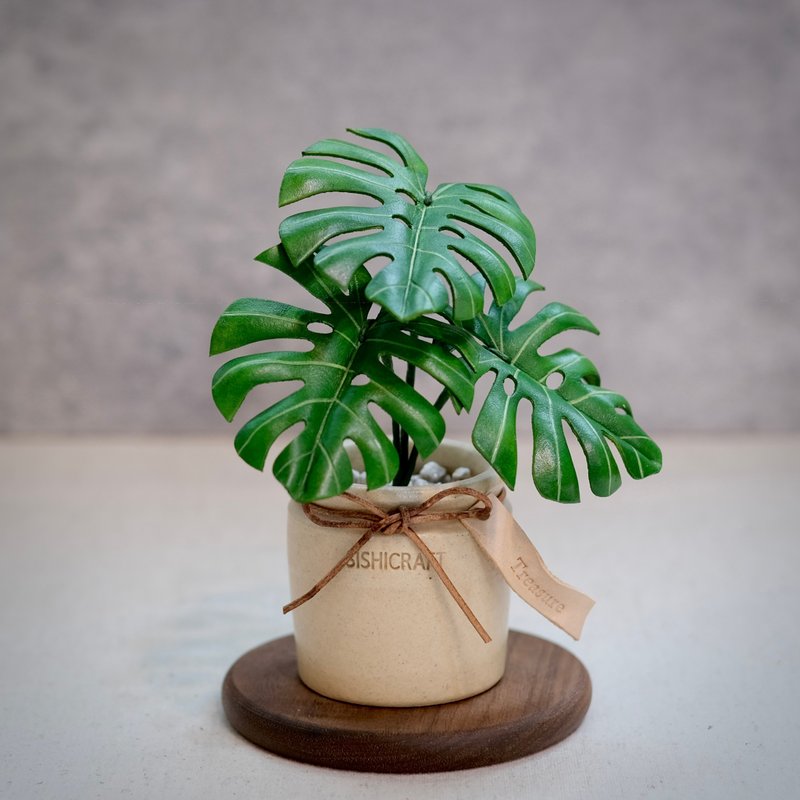 Turtle taro - handmade leather small potted plant with engraving as a gift - ตกแต่งต้นไม้ - หนังแท้ 