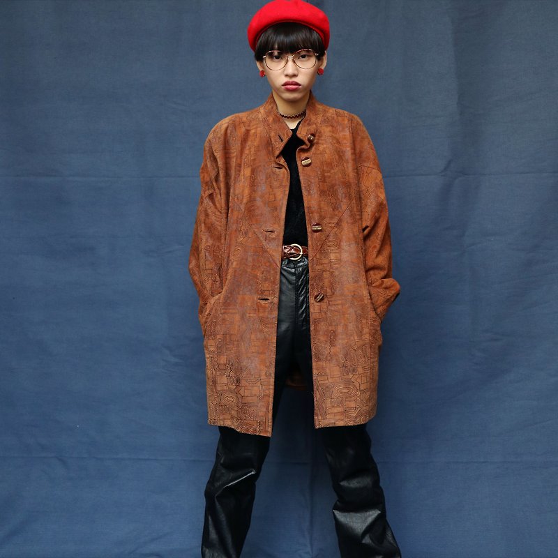 Pumpkin Vintage. Vintage pattern leather coat jacket - เสื้อแจ็คเก็ต - หนังแท้ สีนำ้ตาล