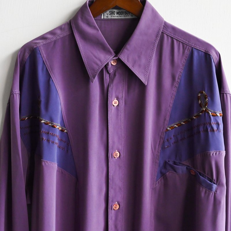 【蛋植物古着】光パープル ツイスト刺繍 ゆったりヴィンテージシャツ - シャツ・ブラウス - その他の化学繊維 パープル