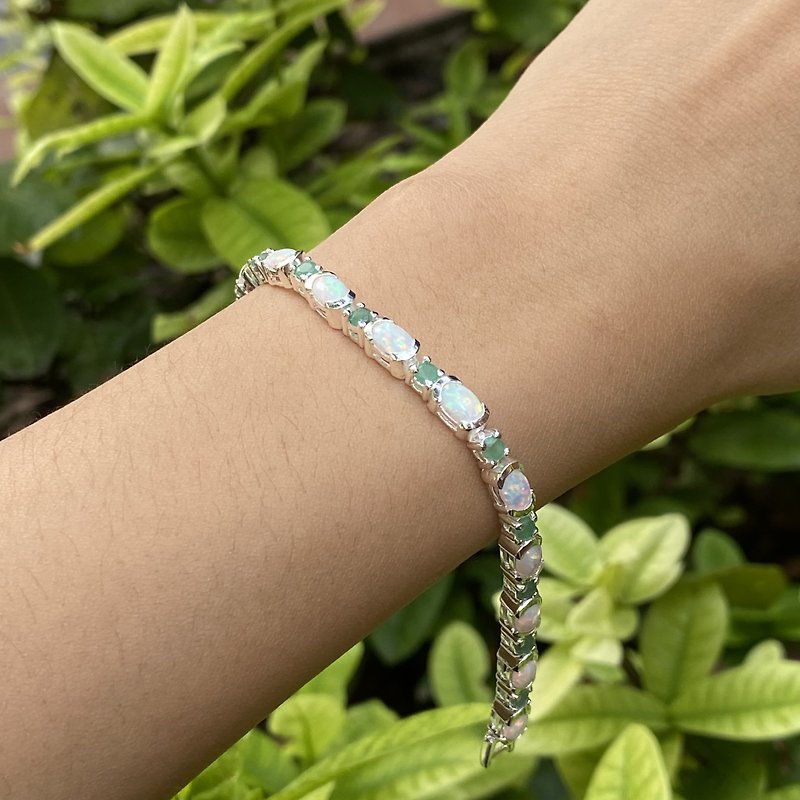 White Gilson Opal and Emerald Stone Tennis Bracelet 925 Sterling Silver - 手鍊/手環 - 純銀 白色