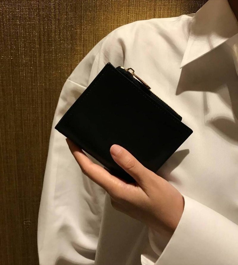 革財布 ミニ財布 Minimalist Slim Leather wallet - Black & Gold Lady Purse - 財布 - 革 ブラック