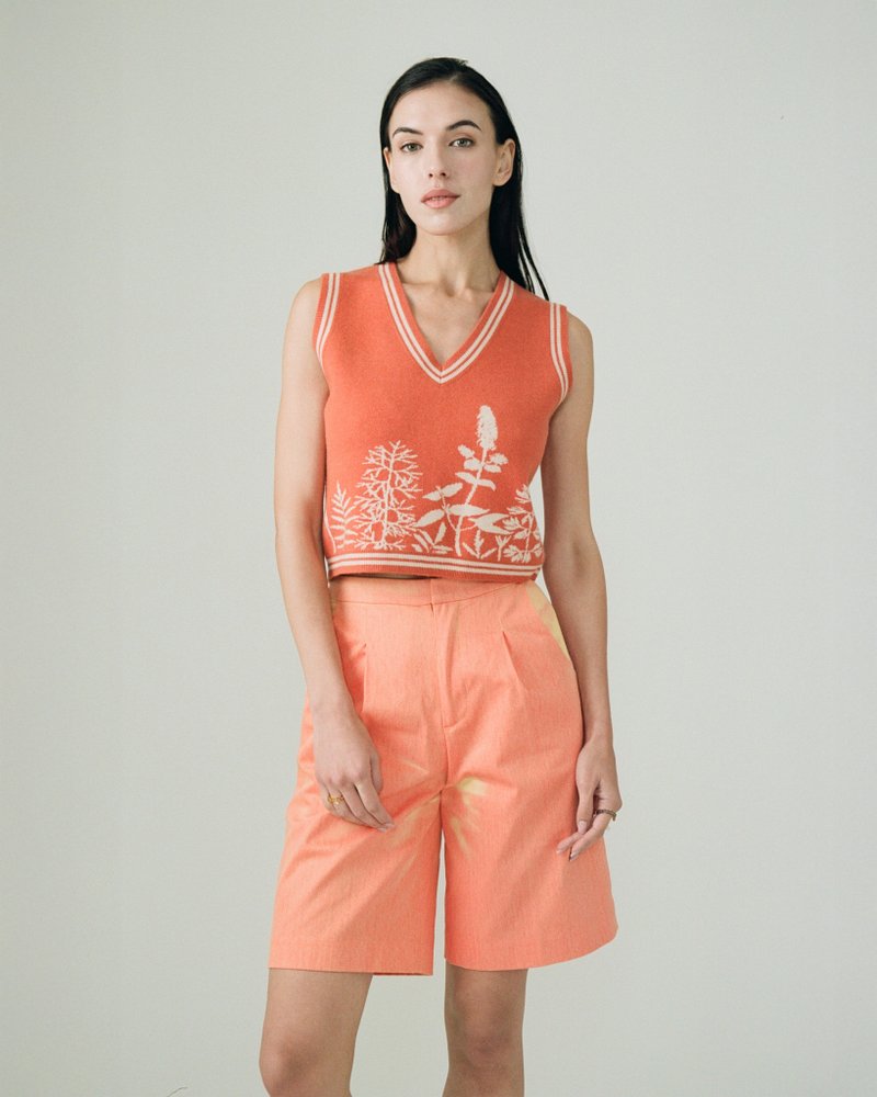 植物圖案橙色羊毛冷背心 - 女毛衣/針織衫 - 羊毛 橘色