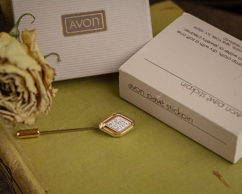 美國Avon品牌古董 1984 pavé stickpin 菱形雙色鑽飾領針 一字針 - 徽章/別針 - 其他金屬 金色