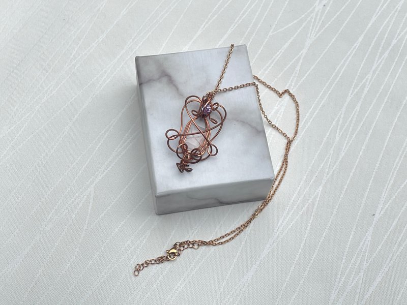 230616 wire wrapping 粉晶 銅線 繞線 吊墮 - 項鍊 - 銅/黃銅 粉紅色