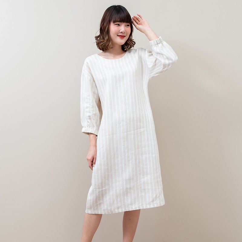 Half Sleeve Elastic Cuff Dress (Beige Striped) - One Piece Dresses - Linen Khaki