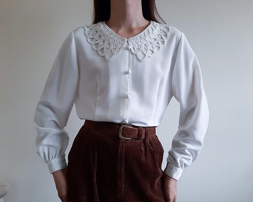 ISSARA ART GALLERY 復古白色簡約襯衫 蕾絲領襯衫 70 年代 80 年代浪漫襯衫