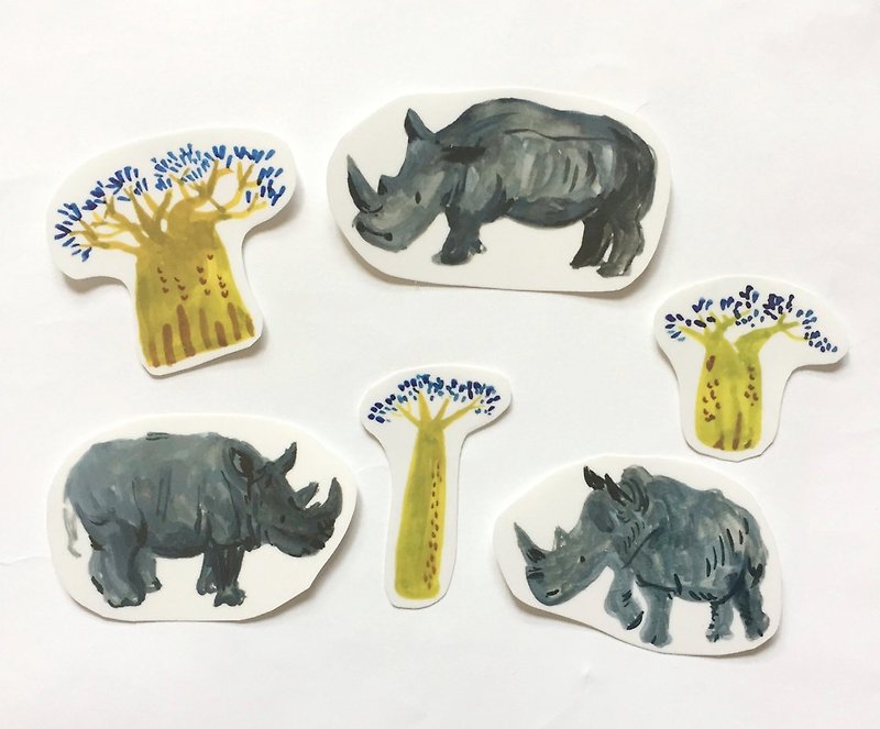 犀牛與猢猻樹 野生動物透明貼紙 非洲草原手剪貼紙 一包6入 - 貼紙 - 塑膠 黑色