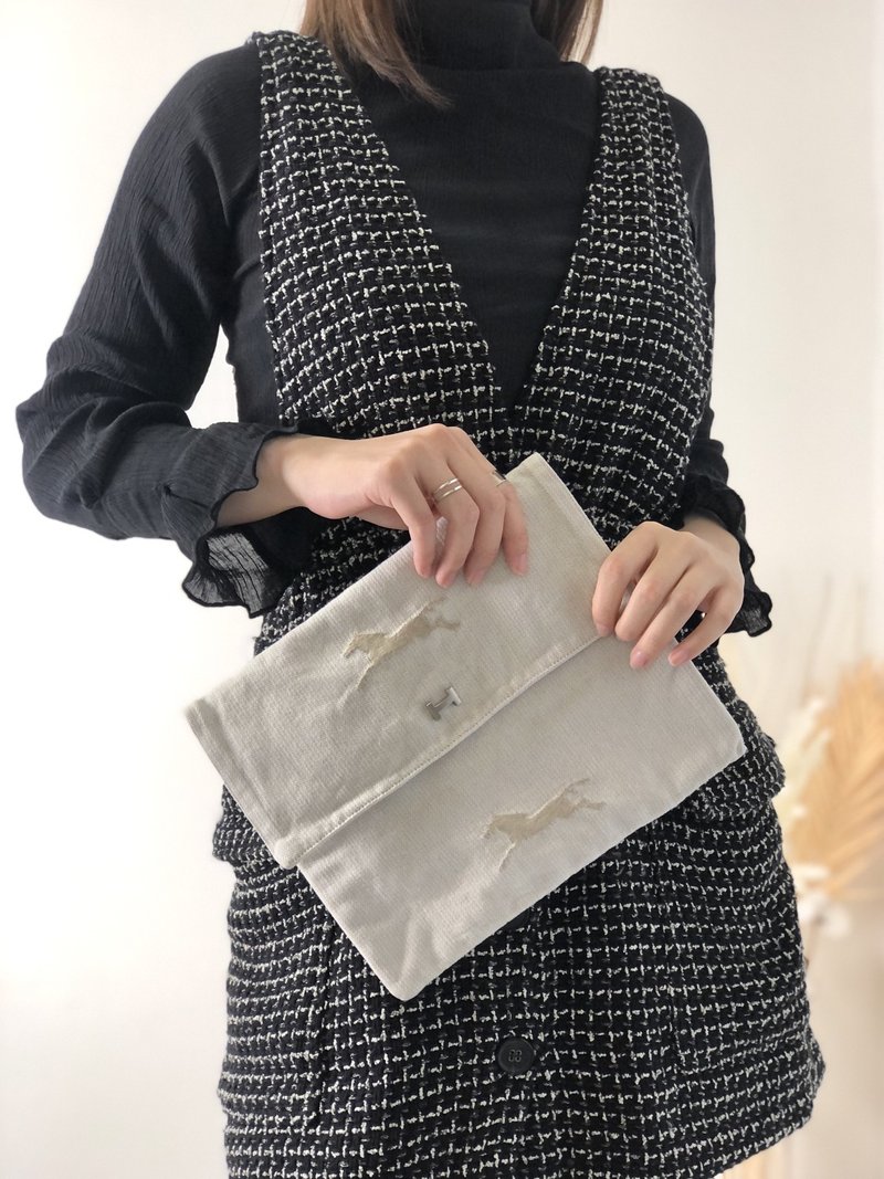 【 日本直送　名牌中古包 】HERMES エルメス Hロゴ ホース キャンバス クラッチバッグ ホワイト vintage ヴィンテージ オールド ui7ee4 - 手拿包 - 棉．麻 白色