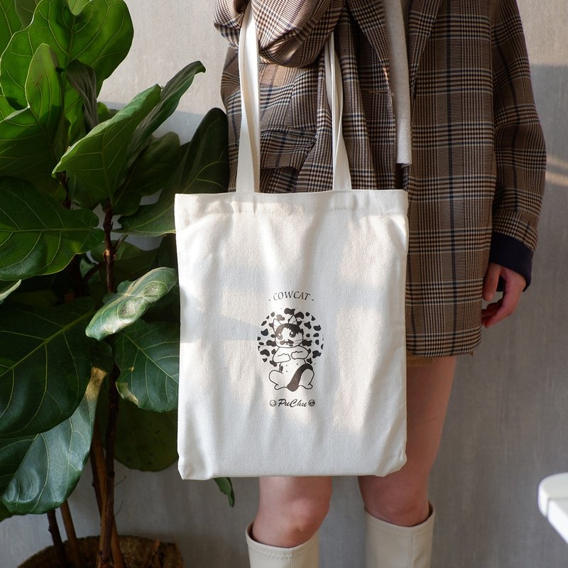 [Christmas Limited Gift] Honest Cow Cat Eco-Friendly Thick Canvas Bag A4 - กระเป๋าถือ - วัสดุอีโค ขาว