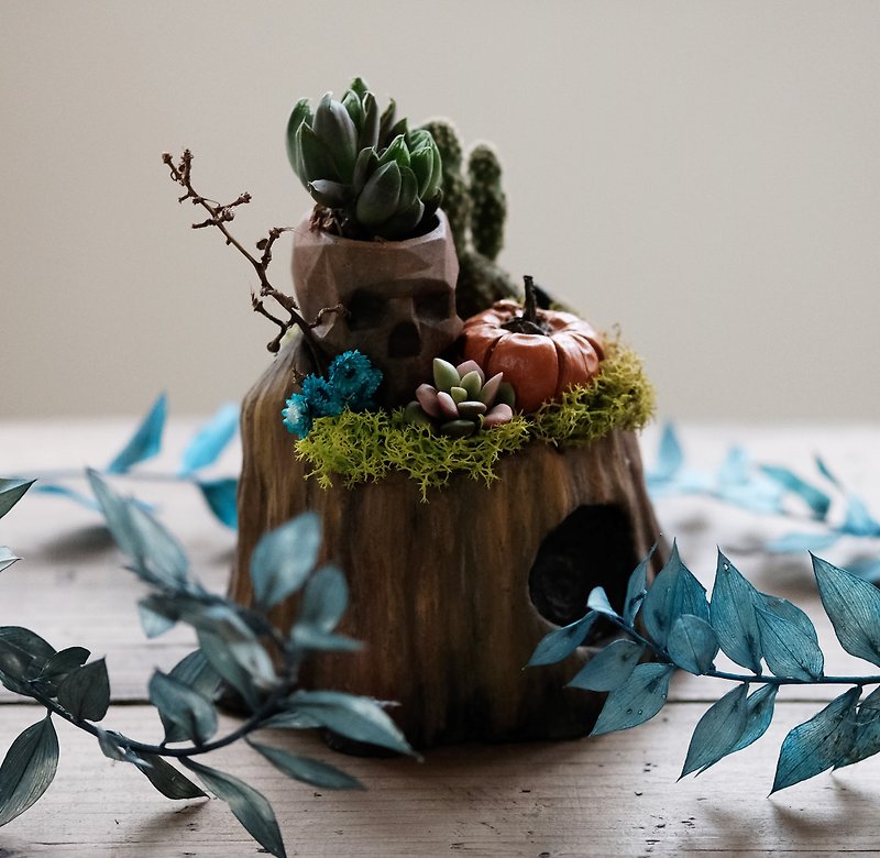 Clay sculpture tree hole pot succulent Cement potted hand-made course Halloween experience event pumpkin skull - จัดดอกไม้/ต้นไม้ - ปูน 