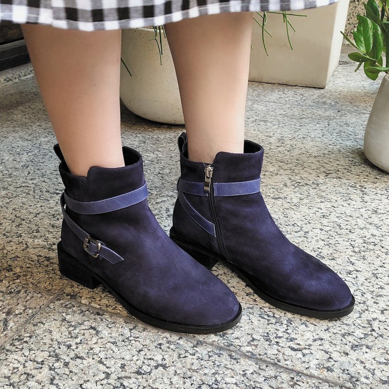 [Elegant Winter] Waterproof full leather lace-up slim heel boots_Midnight Dark Blue - รองเท้าบูทสั้นผู้หญิง - หนังแท้ สีน้ำเงิน