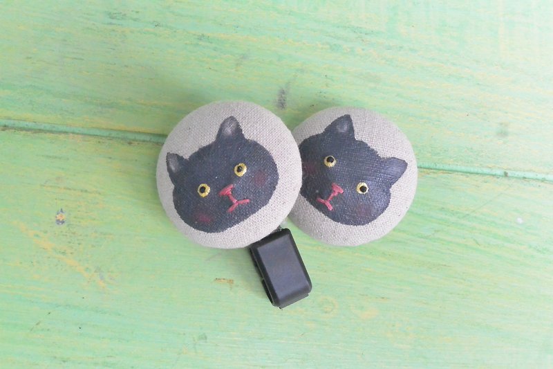 Hand-painted cat telescopic wallet & pin - ที่ใส่บัตรคล้องคอ - ผ้าฝ้าย/ผ้าลินิน สีเทา