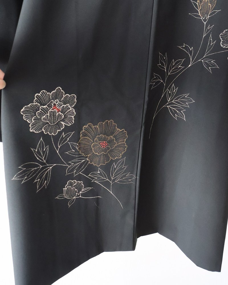 日本製和風印花薄款黑色古著羽織和服外套 - 女大衣/外套 - 聚酯纖維 黑色